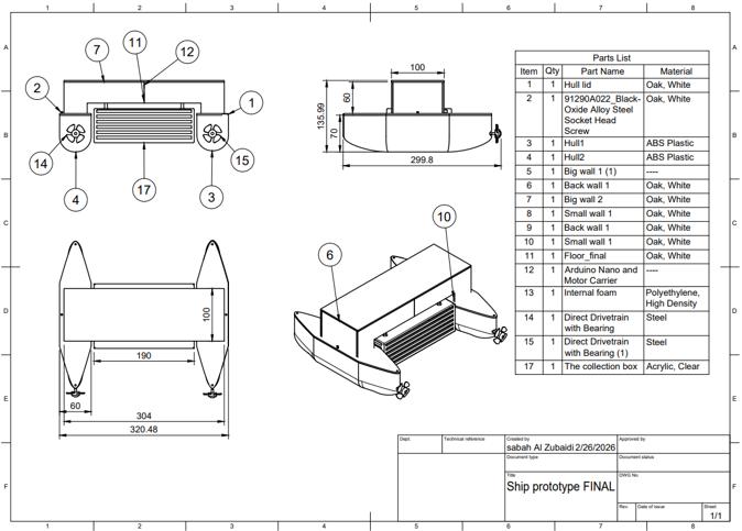 Technical drawing showing front, side, plan and isometric views of the boat assembly and a parts list.