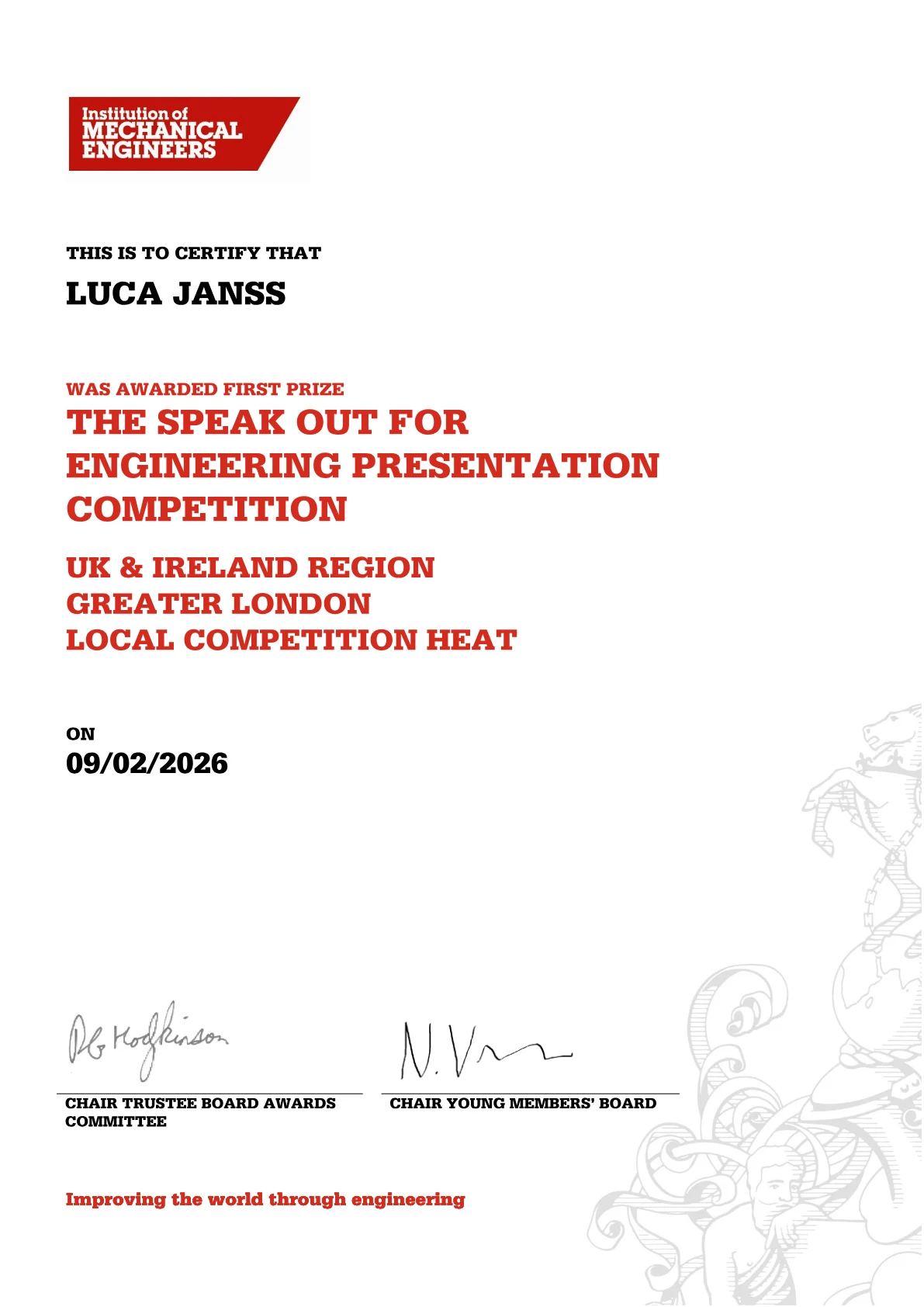IMechE Speak Out for Engineering first-prize certificate awarded to Luca Janss.